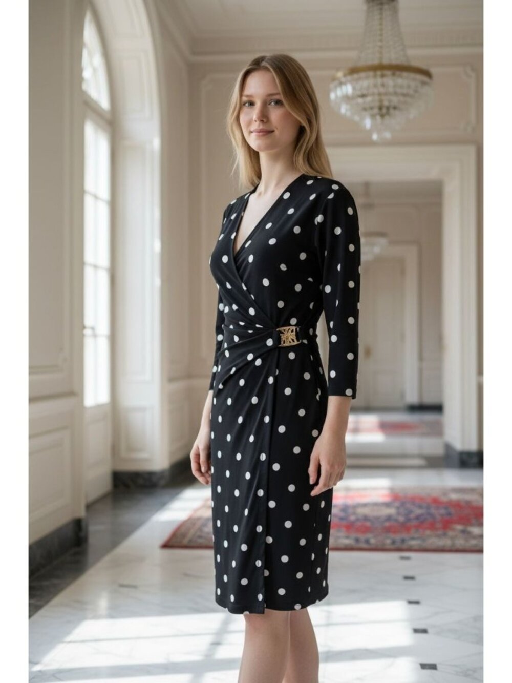 Anne Klein Black White Polka Dot Faux Wrap Chic Dress Gold Accent Size 2 Petite